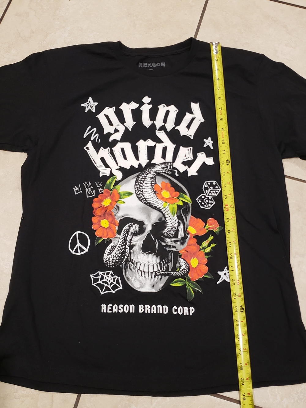 Reason Black Graphic Tee with White Skull and Orange Floral Accents